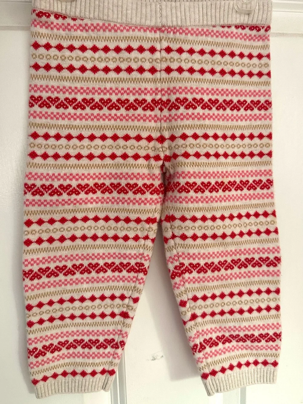 Gymboree Red Top with Pink Cup Applique and Cream Knit Fair Isle Pants